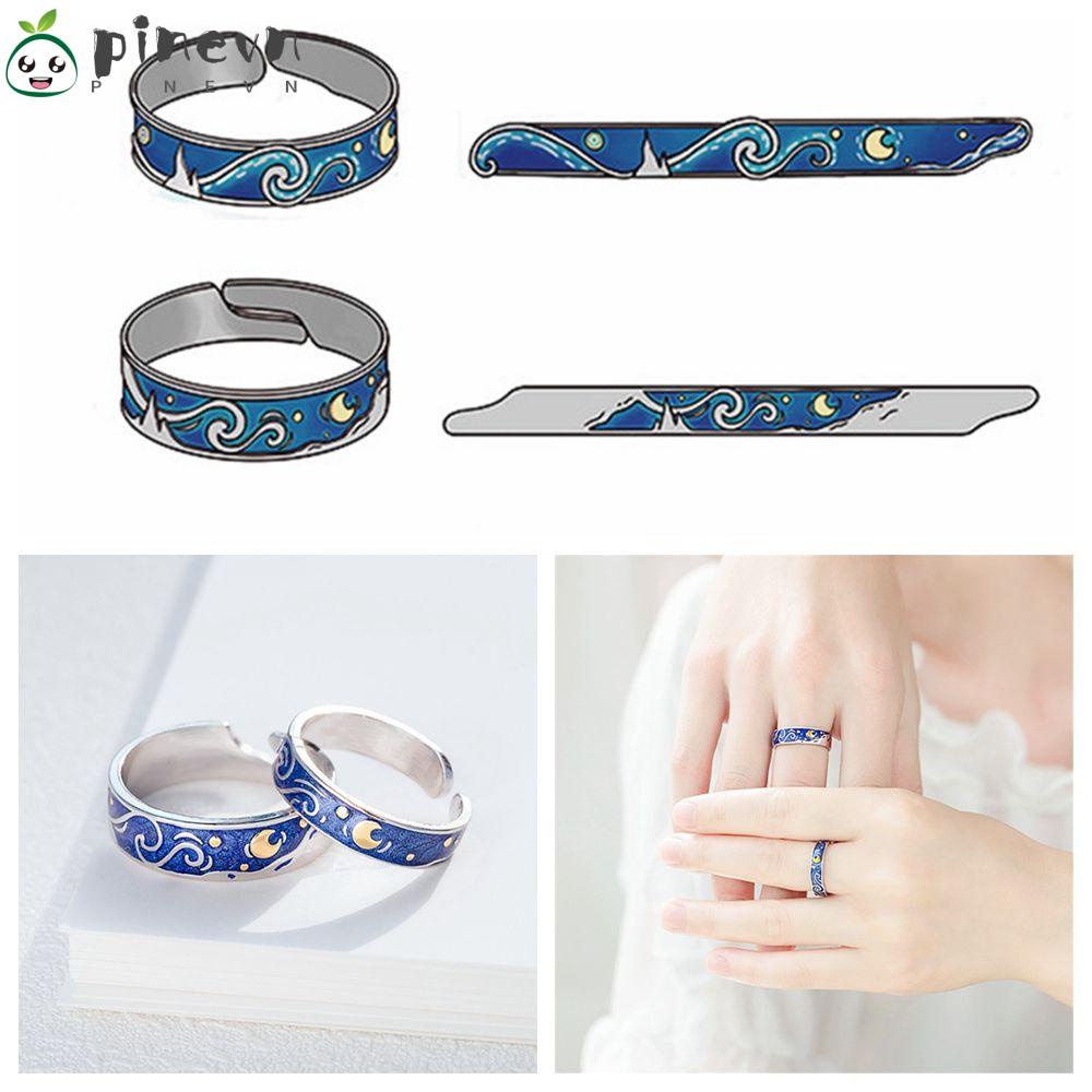 PINEVN Nhẫn Cặp Mạ Bạc Họa Tiết Bầu Trời Đầy Sao Màu Xanh Dương Thời Trang