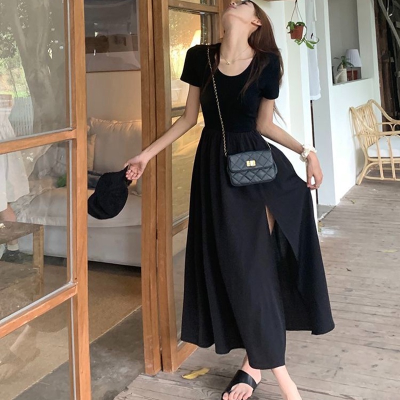 Đầm Dài Đến Đầu Gối Ôm Eo Tay Ngắn Màu Đen Xẻ Tà Thời Trang Cho Nữ