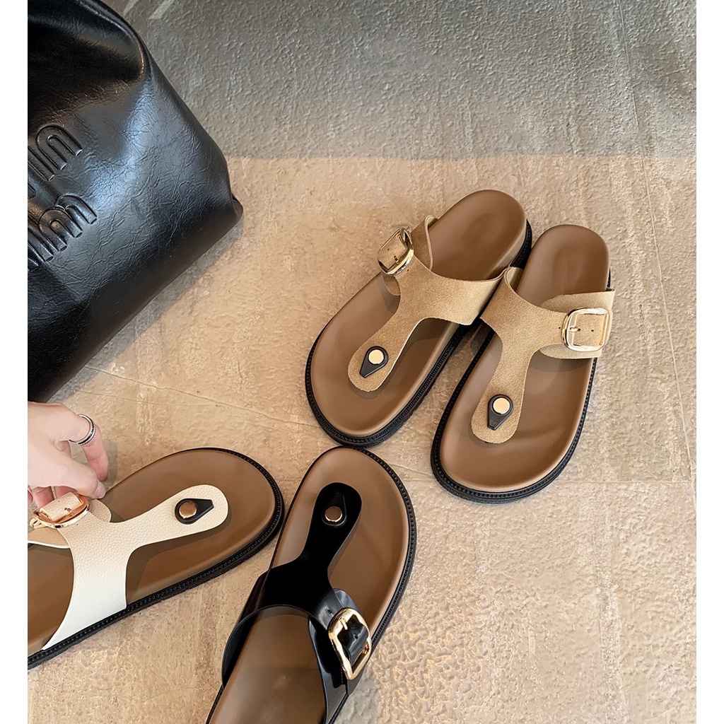 Duoya Tóc Thẳng ~ [Hàng Có Sẵn] [Hàng Có Sẵn] Dép Xỏ Ngón Bằng Da Mềm Mại Có Khóa Cài Dày Dặn Đi Biển Cho Nữ Miễn Phí Vận Chuyển