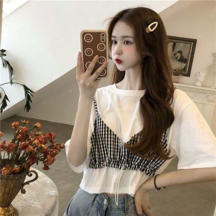 Áo Thun Tay Ngắn Giả Hai Lớp Dáng Rộng Màu Đen Phong Cách Thời Trang Dành Cho Nữ