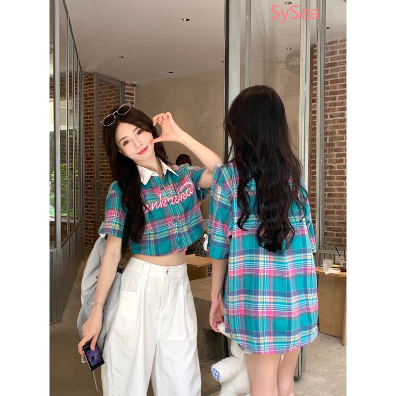 Áo Sơ Mi Ngắn Tay Dáng Rộng Hoa Văn Kẻ Ô Phong Cách Retro Dành Cho Nữ