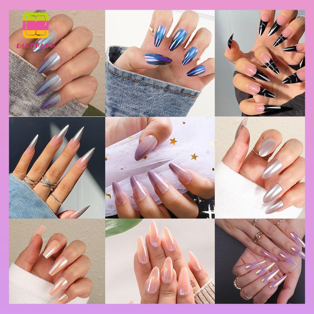 DIACHAVN Bộ 24 Móng Tay Giả Phủ Toàn Diện Tráng Gương Đính Đá Xinh Xắn