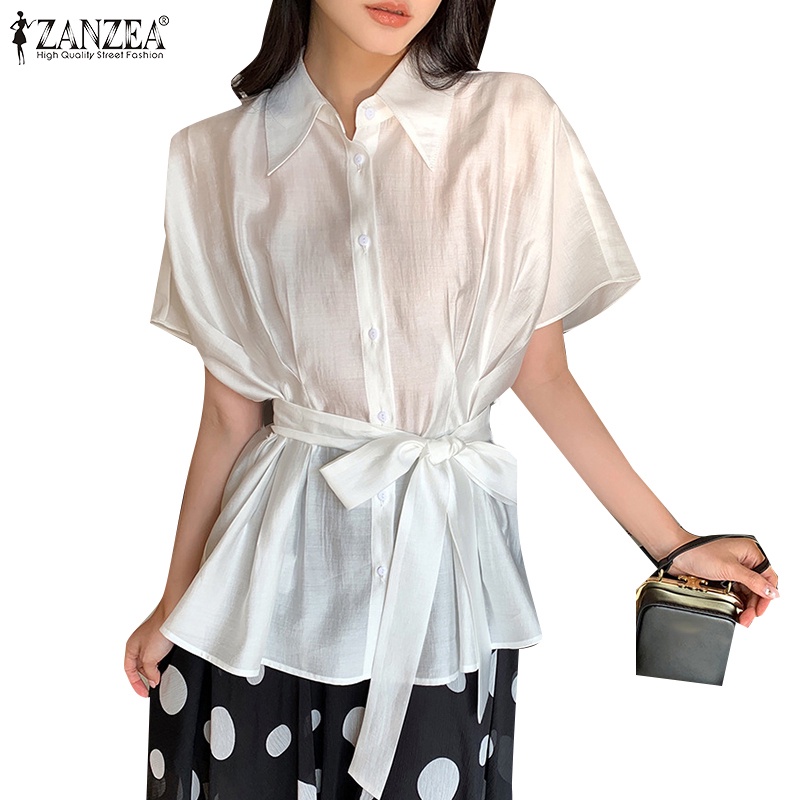 ZANZEA Áo Sơ Mi Ngắn Tay Xếp Ly Cổ Bẻ Thời Trang Hàn Quốc Cho Nữ