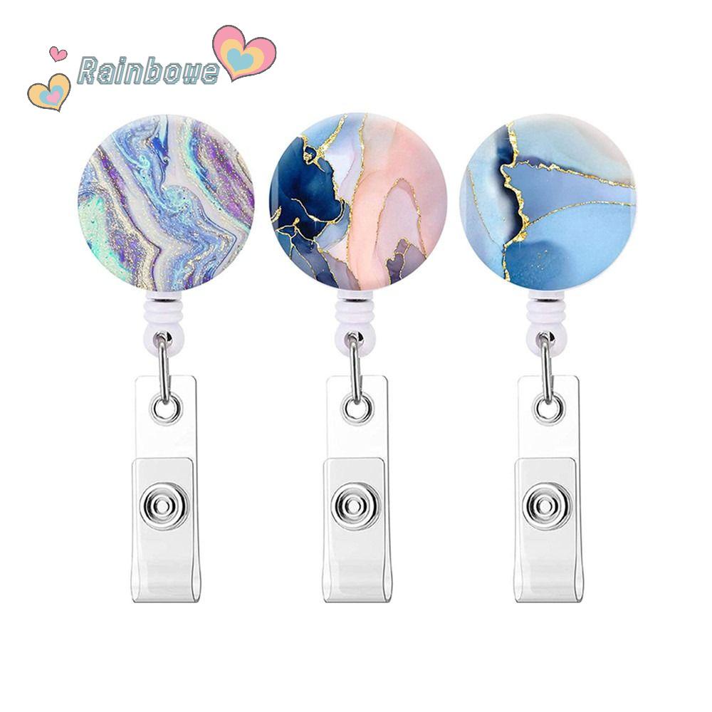 RAINBOW Set 3 Móc Khóa Đựng Thẻ Id Id Bằng ABS Họa Tiết Cẩm Thạch Có Thể Thu Gọn Cho Văn Phòng