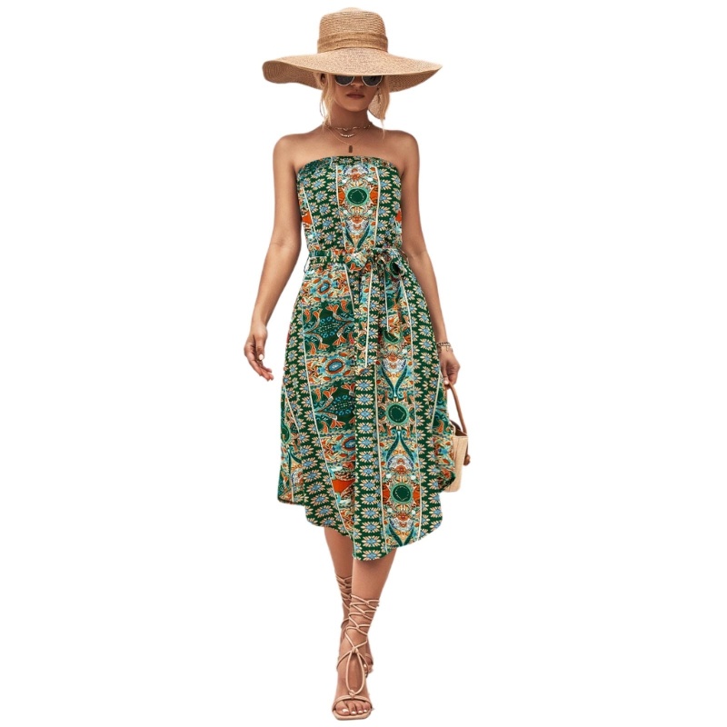 Đầm Midi Không Dây In Hoa Có Thắt Lưng Thời Trang Mùa Hè Dành Cho Nữ