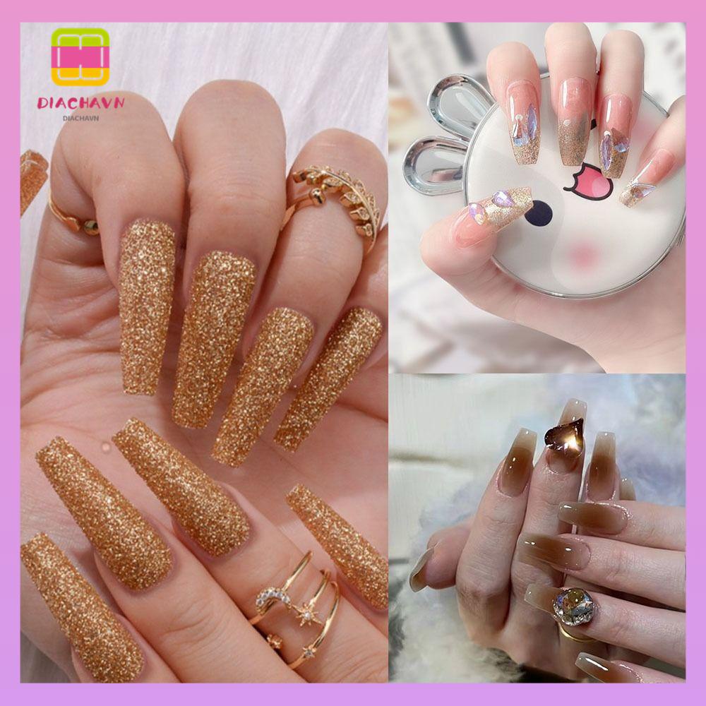 DIACHAVN Bộ 24 Móng Tay Giả Che Phủ Toàn Diện Tháo Rời Được Màu Vàng Kim Lấp Lánh Kiểu Pháp