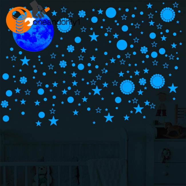 Bộ 3 Miếng Dán Tường Dạ Quang Tự Dính Hình Trăng Sao Trang Trí Phòng Bé Gái