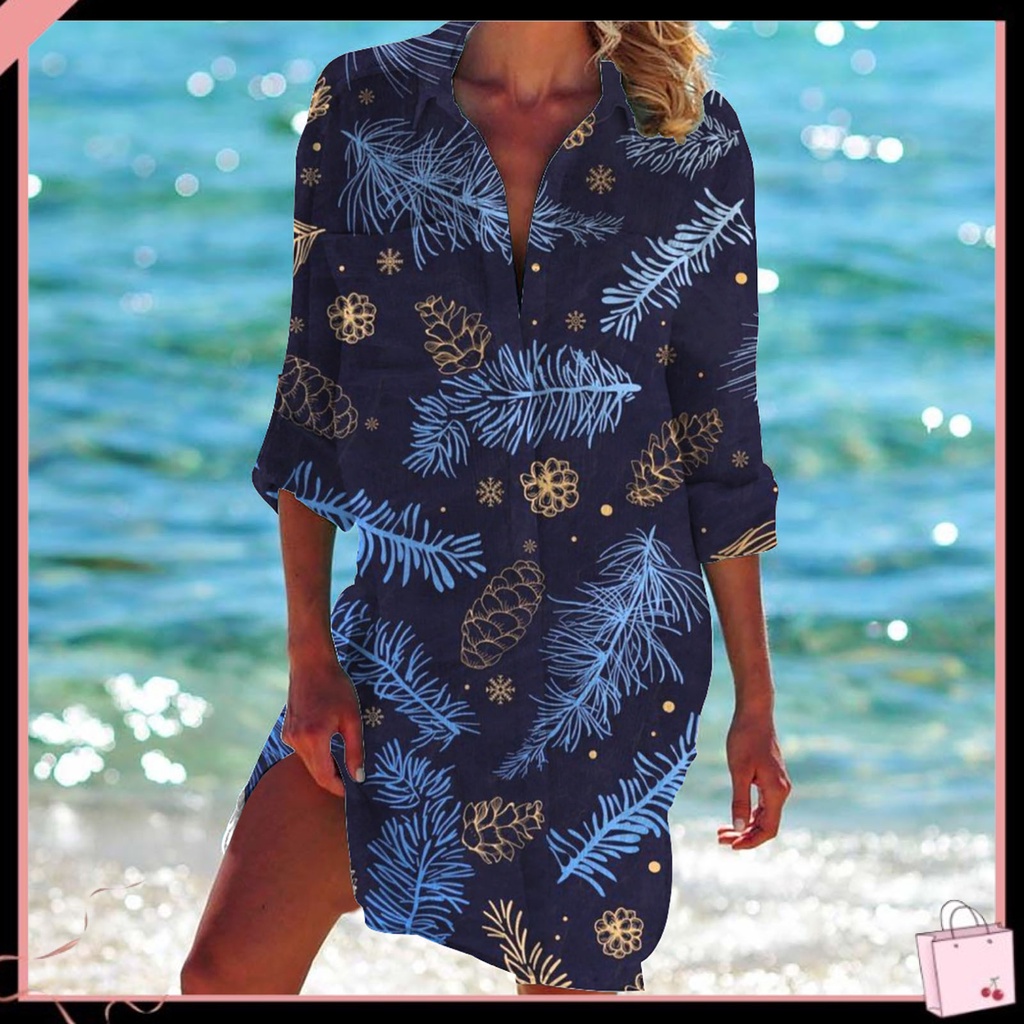 Áo Khoác Ngoài Bikini Tay Dài Cổ Bẻ Có Túi Chống Nắng In Họa Tiết Lá Cây