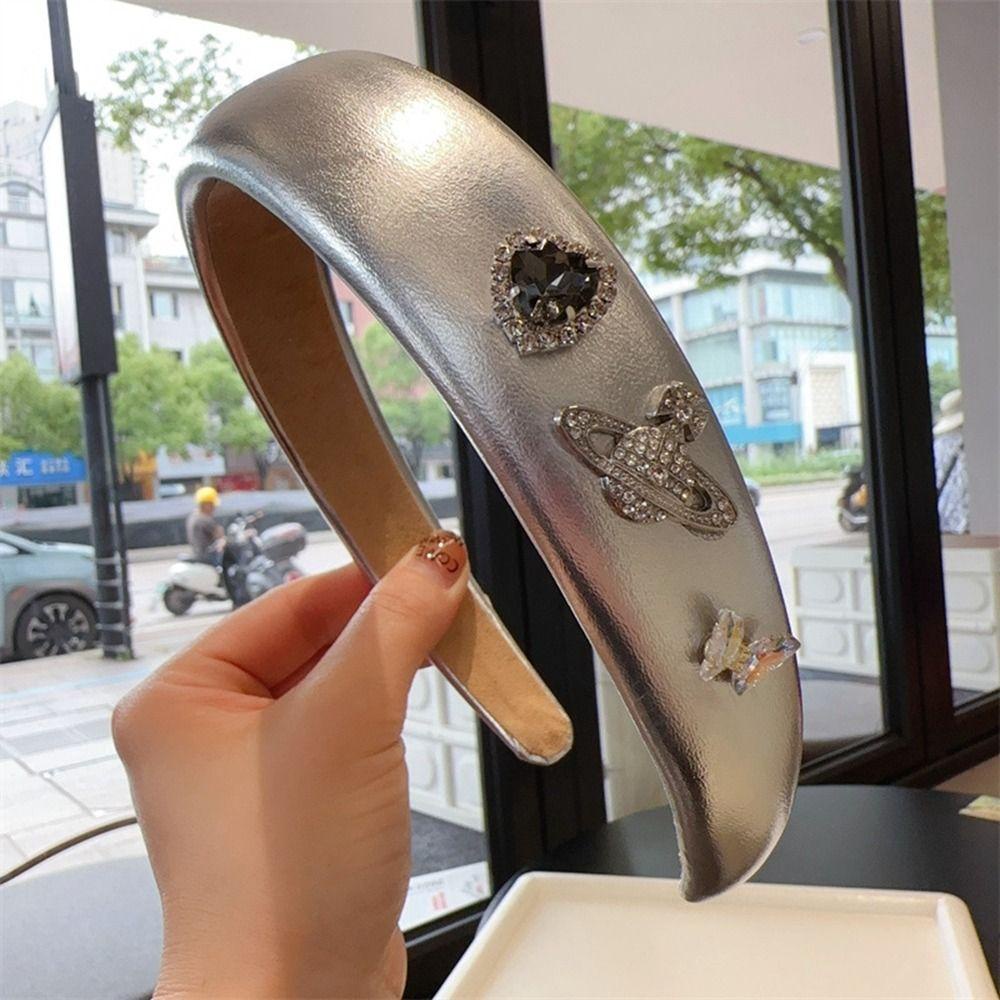 ANEMONE Băng Đô Cài Tóc Bằng Da Đính Đá Màu Bạc Cá Tính Y2K Thời Trang Đường Phố