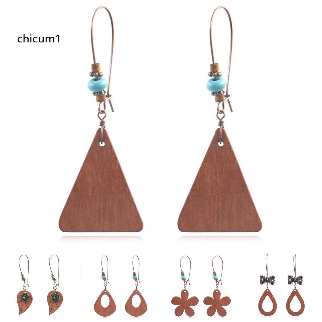 1 Cặp Bông Tai Gỗ Hình Giọt Nước Đính Hạt Phong Cách Bohemia