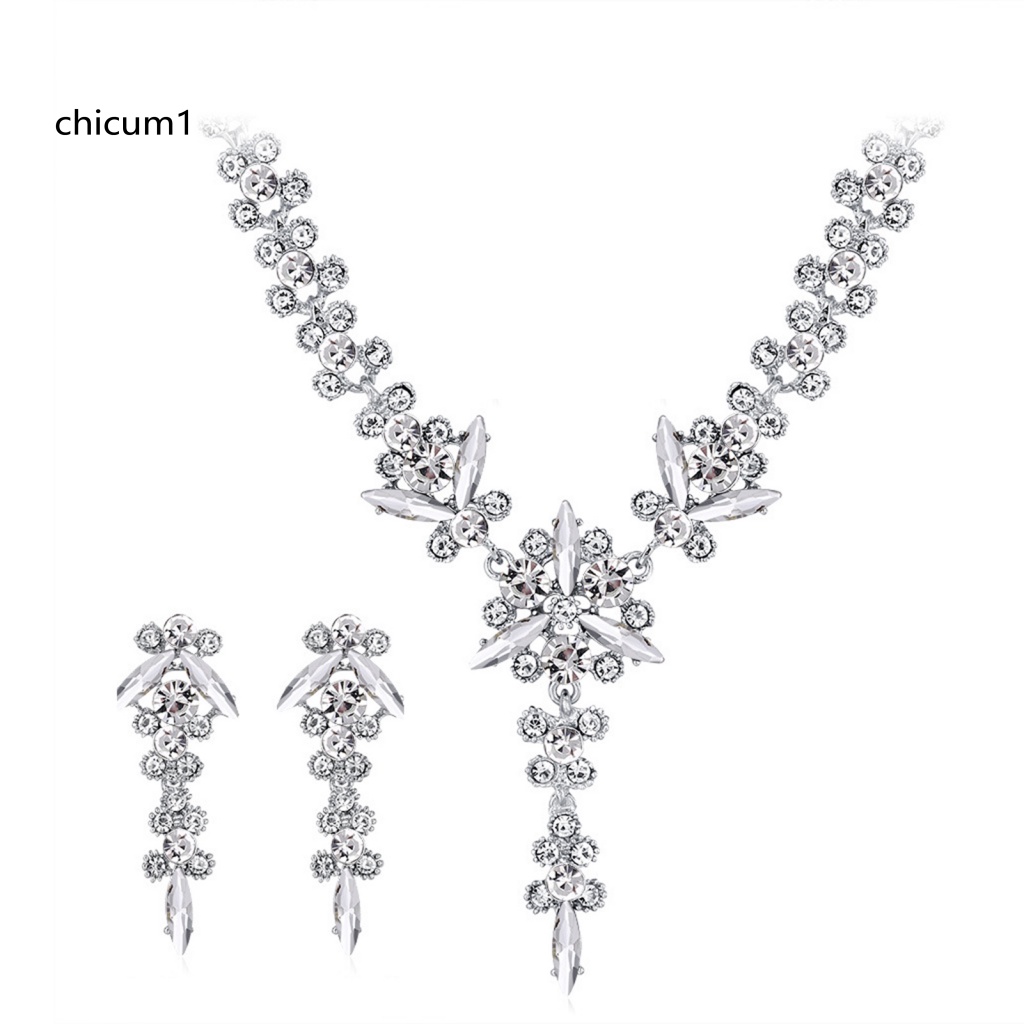 Set 1 Bộ Vòng cổ + Bông Tai Mạ Điện Đính Đá Hình Hoa Có Thể Điều Chỉnh Kích Thước Dành Cho Cô Dâu CC 1