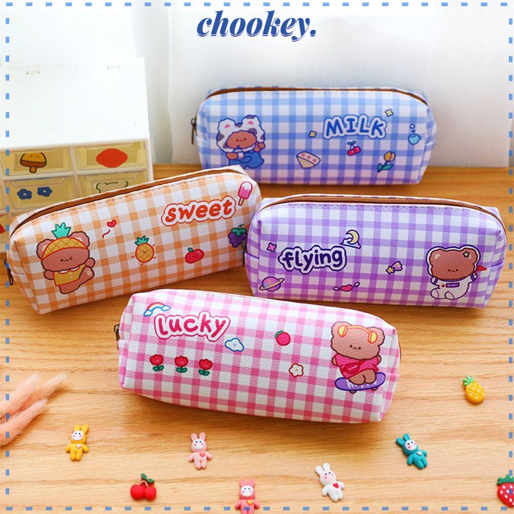 CHOOKEY Túi Đựng Bút Chống Thấm Nước Họa Tiết Sọc Caro Hình Gấu Dễ Thương