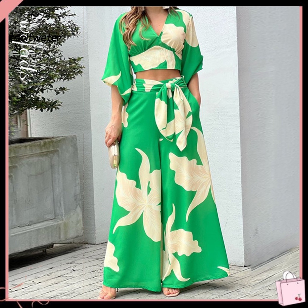 Bộ Trang Phục 2 Mảnh Gồm Áo Croptop Tay Lửng Cổ Chữ V Eo Cao Có Túi In Hoa Và Quần Dài Ống Rộng Thời Trang Công Sở