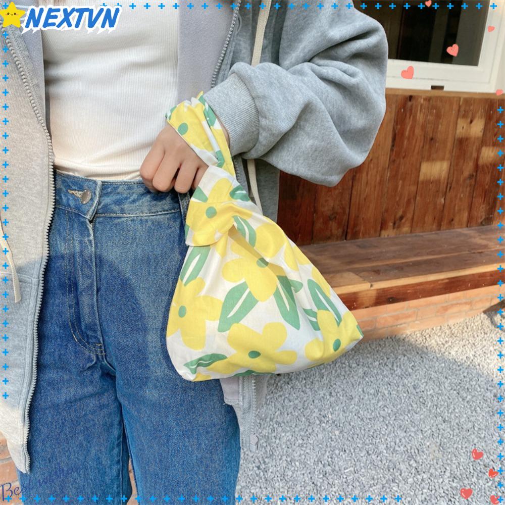 NEXTVN Túi Xách Đeo Cổ Tay Thắt Nút Gọn Nhẹ In Họa Tiết Hoa Bằng Vải Canvas Thời Trang Cho Nữ