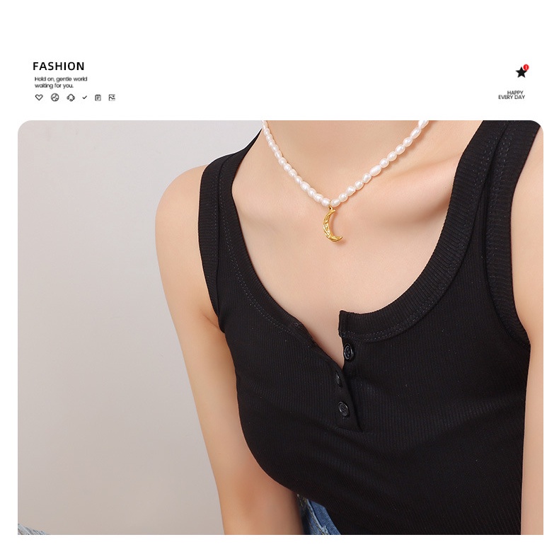 Vòng cổ Bằng Thép Titan Mạ Vàng Đính Ngọc Trai Tự Nhiên Thời Trang