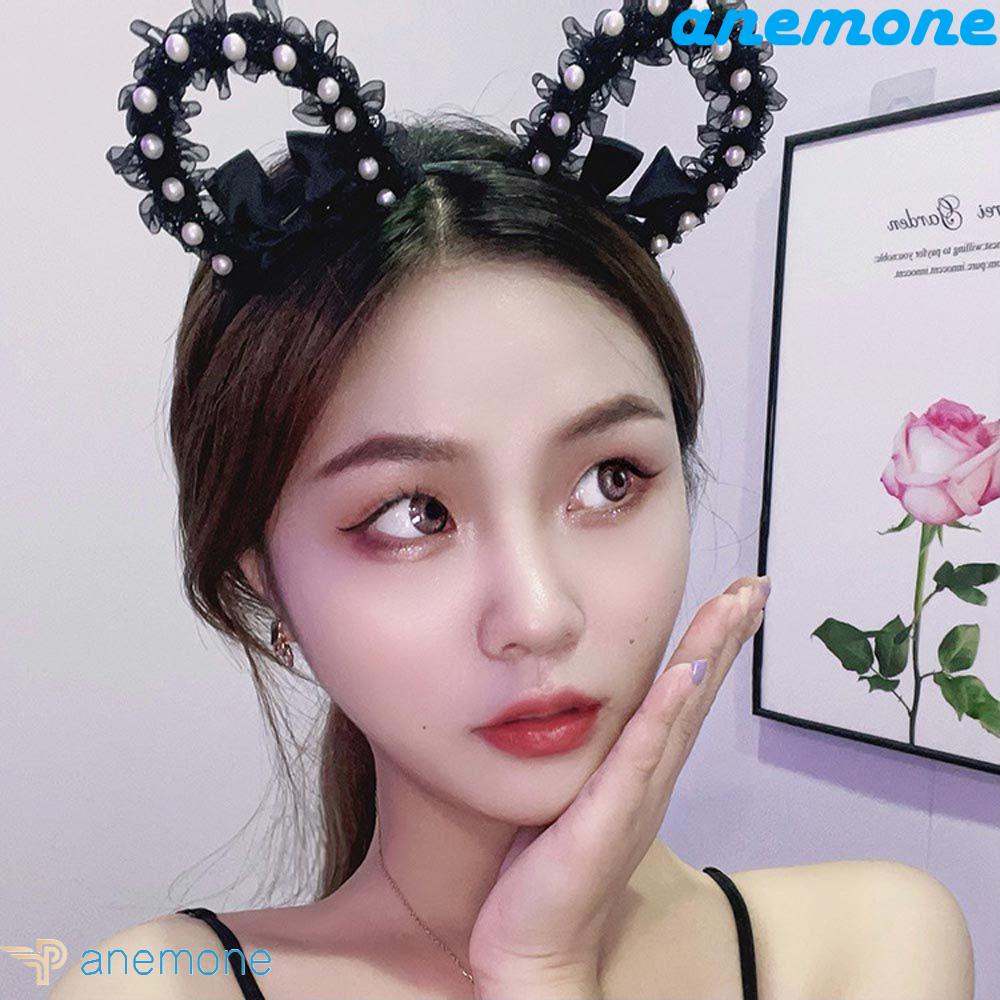 ANEMONE Băng Đô Cài Tóc Tai Mèo Bằng Ren Không Trơn Khí Chất Cổ Điển Cho Nữ