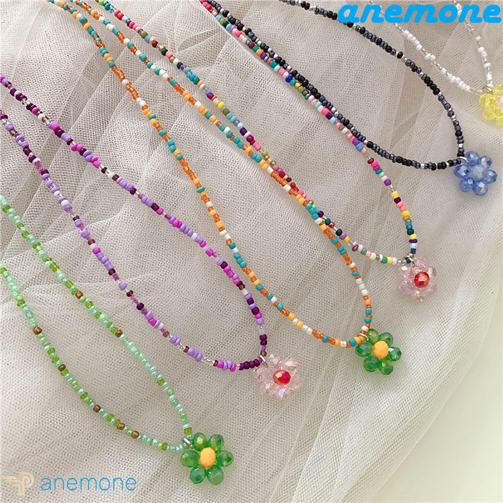ANEMONE Vòng Cổ Chuỗi Hạt Pha Lê Màu Sắc Ngọt Ngào Phong Cách Bohemian Hàn Quốc Cổ Điển Thời Trang