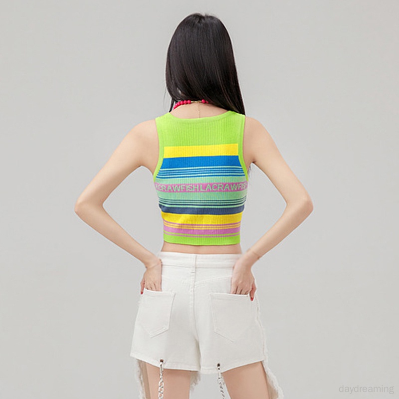 Áo Croptop Dệt Kim Sát Nách Họa Tiết Kẻ Sọc Cầu Vồng In Chữ Thời Trang Mùa Hè Cho Nữ
