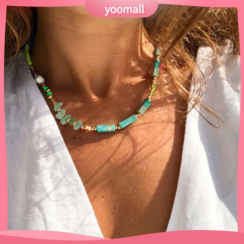 Vòng Cổ Choker Phối Hạt Đá Quý Nhân Tạo Phong Cách Bohemian Thời Trang