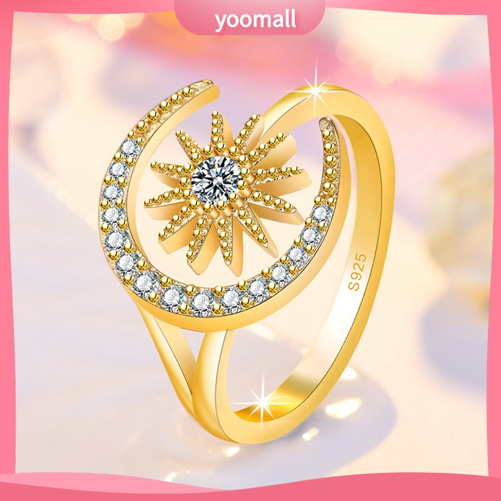 [YM] Nhẫn Mở Hình Học Đính Đá Mặt Trăng Ngôi Sao Thanh Lịch Làm Quà Tặng Trang Sức Cho Nữ