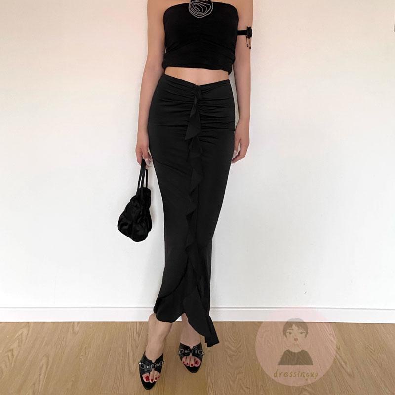 Chân Váy Dài Lưng Thấp Màu Trơn Phối Bèo Thời Trang Mùa Hè Xinh Xắn Cho Nữ