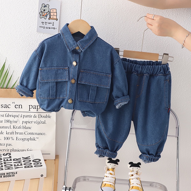 Bộ Áo Sơ Mi Denim Cổ Bẻ + Quần Jean Dài Thời Trang Xuân Thu 2023 Cho Bé Trai