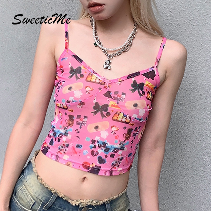 Áo Tank Top Cổ Chữ V Dáng Ôm In Họa Tiết Đính Nơ Thời Trang 2023 Cho Bạn Gái