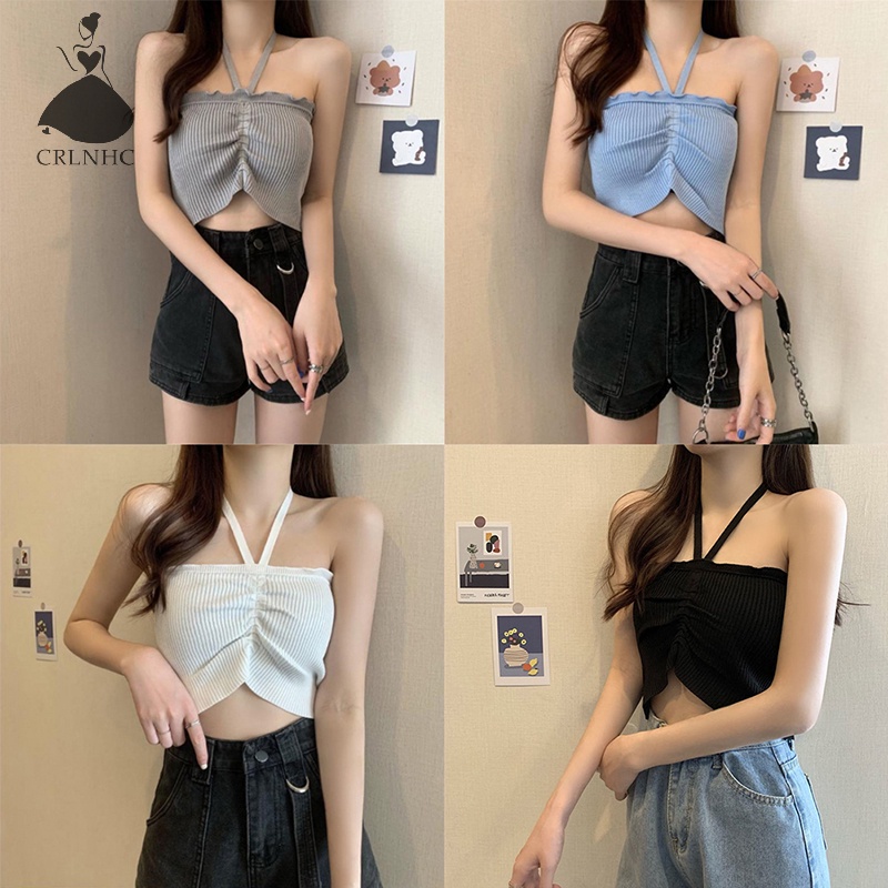 Áo croptop CRLNHC dệt kim hai dây dáng ngắn thời trang mùa hè cho nữ