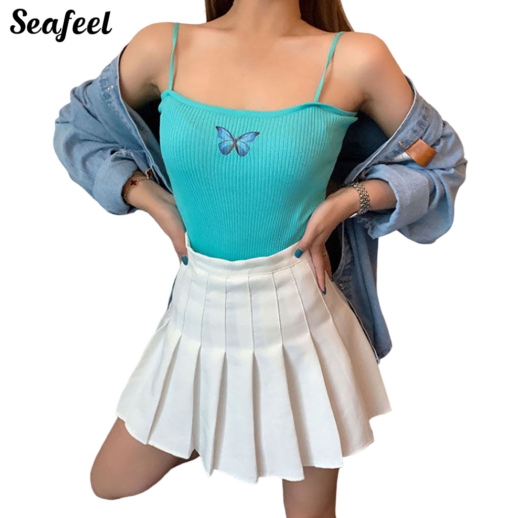 Áo Tank Top Hai Dây Hở Lưng Ôm Dáng Co Giãn In Họa Tiết Bướm Cho Nữ