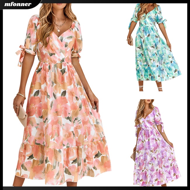 Đầm Midi Chữ A Tay Phồng Cổ Chữ V In Họa Tiết Ngọt Ngào Thanh Lịch Cho Nữ