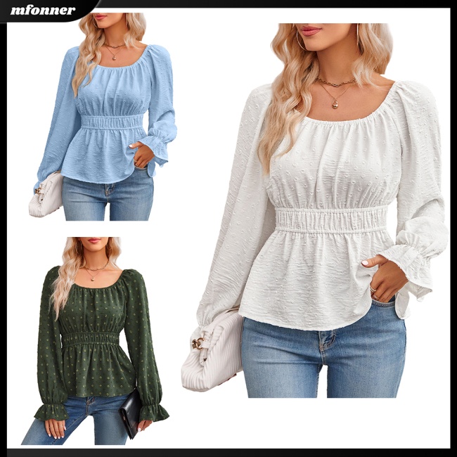 Áo Kiểu Tay Dài Cổ Tròn Phối Bèo Màu Trơn Thời Trang Thanh Lịch Cho Nữ