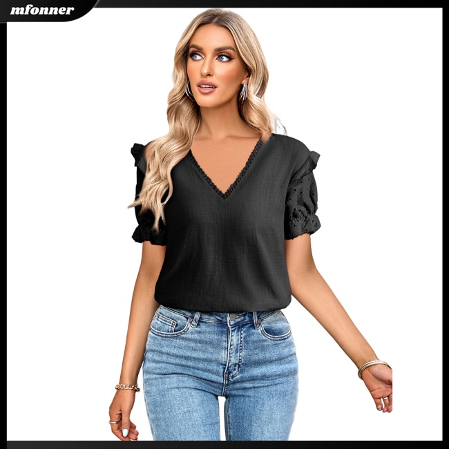 Áo Kiểu Tay Phồng Ngắn Cổ Chữ V Màu Sắc Đơn Giản Thanh Lịch Dành Cho Nữ