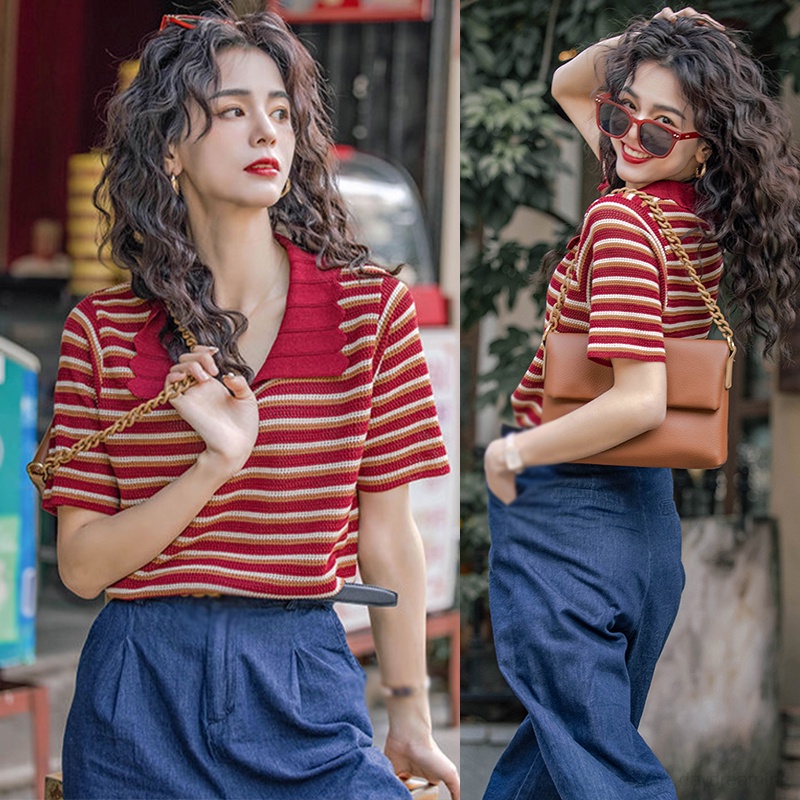 Áo Thun Dệt Kim Cổ Bẻ Họa Tiết Kẻ Sọc Thời Trang Mùa Hè Cho Nữ