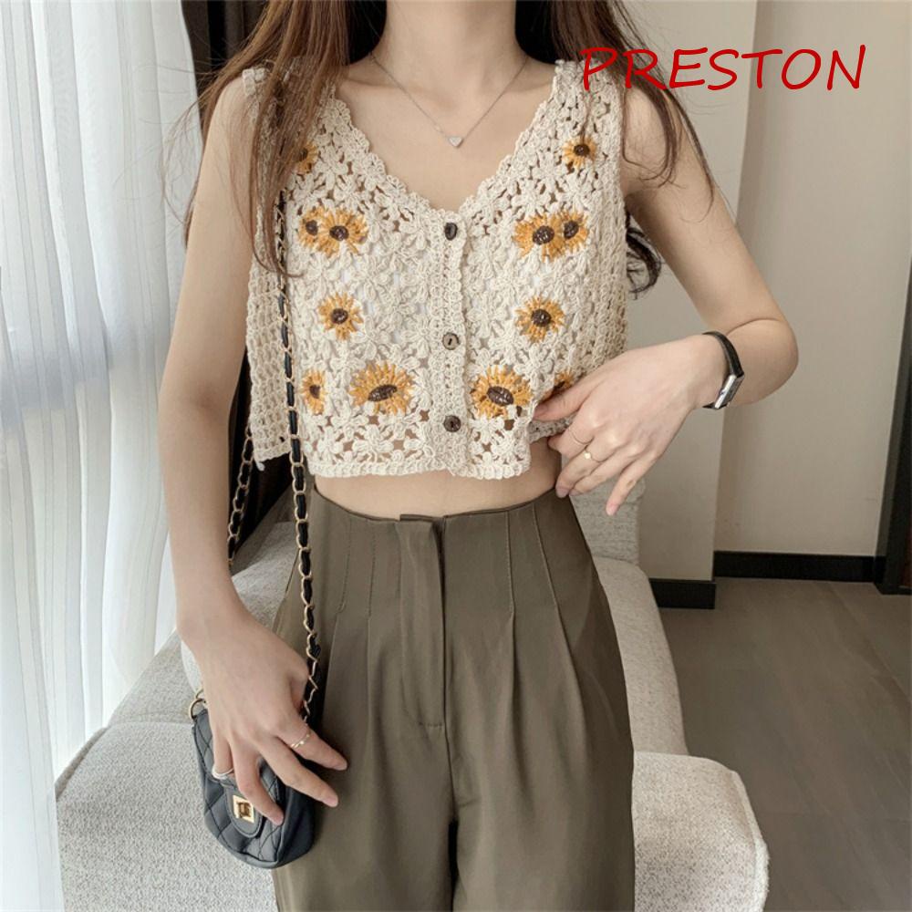 Preston Áo Hai Dây Cotton Mỏng Co Giãn Cài Nút Phía Trước Họa Tiết Hoa Ngọt Ngào Cho Nữ