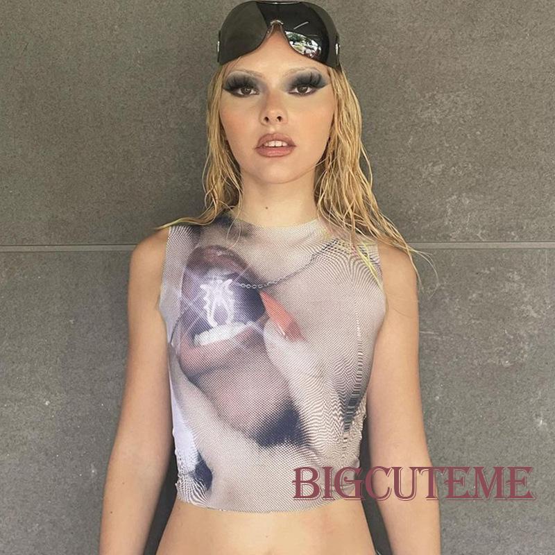 [] Áo Croptop Không Tay Ôm Dáng In Họa Tiết Mùa Hè Cho Nữ