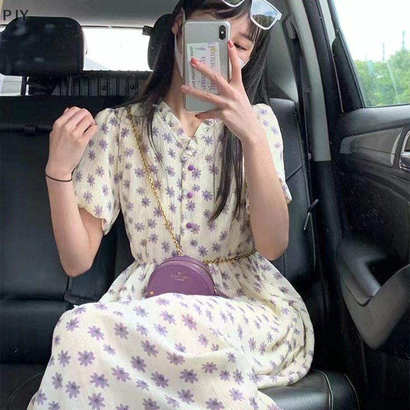 Đầm Midi Cổ Tròn Tay Phồng In Hoa Kiểu Vintage Thời Trang Mùa Hè Cho Bạn Gái PJ