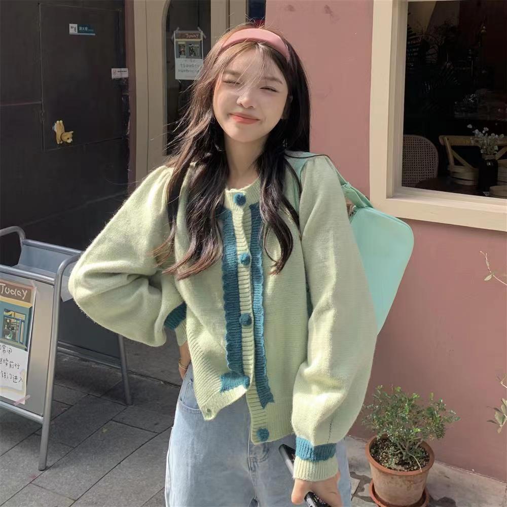 Áo Cardigan Dệt Kim Tay Phồng Cổ Chữ V Thiết Kế Mới Ngọt Ngào Thời Trang Cho Nữ