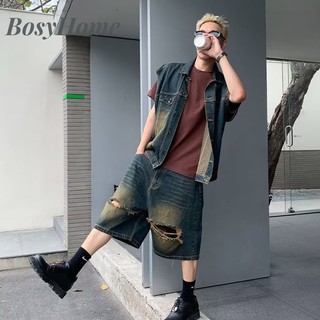 Yazhiniao Áo Khoác denim Không Tay Dáng Rộng Phong Cách retro Đường Phố Mỹ