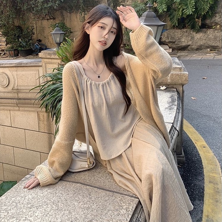 Set Áo Khoác Cardigan Dệt Kim + Áo Tank Top Hai Dây + Chân Váy Lửng Thời Trang Nữ
