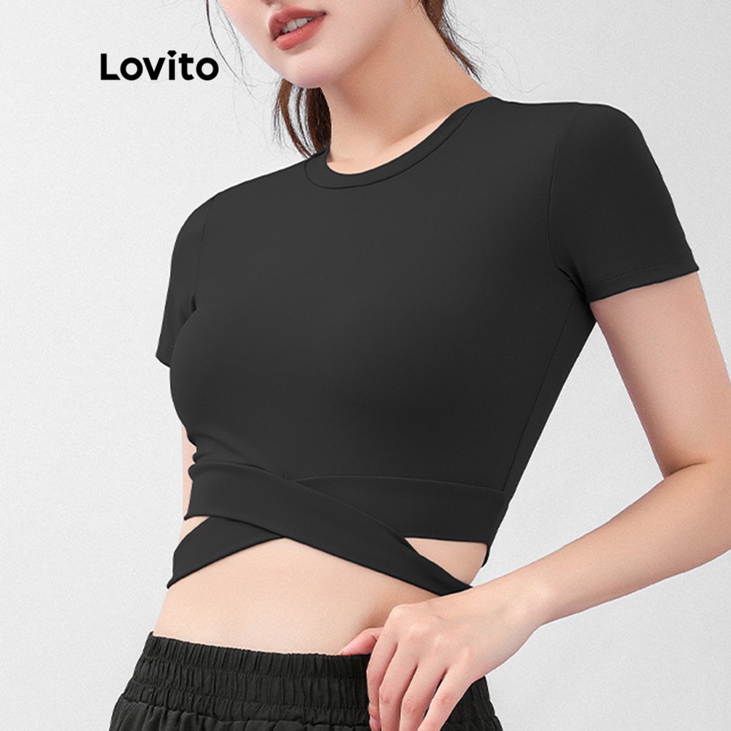 Áo ngực thể thao Lovito đan dây chéo màu trơn cho nữ LNA13052 (Tím/Xanh lá/Đen)