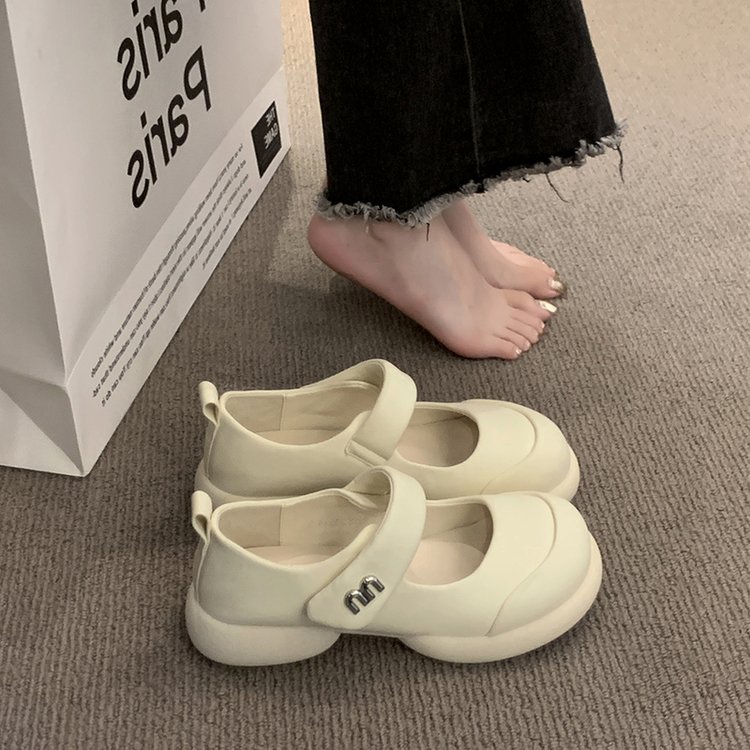 Giày Búp Bê Da PU Mũi Tròn Màu Trơn Phối Khóa Cài Trẻ Trung Hợp Thời Trang