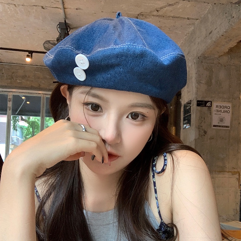 Mũ Beret Denim Phối Nút Phong Cách Thời Trang Hàn Quốc Cho Nữ