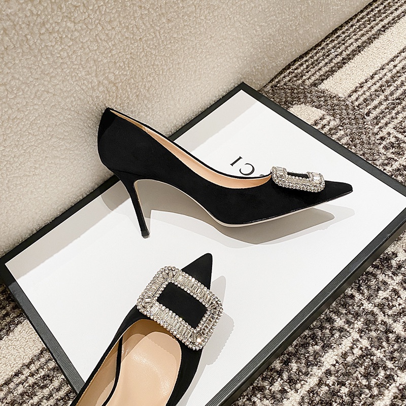 2022 autumn and winter rv all-match suede rhinestone square buckle black high heels women's thin heel pointed professional shoes O8DS