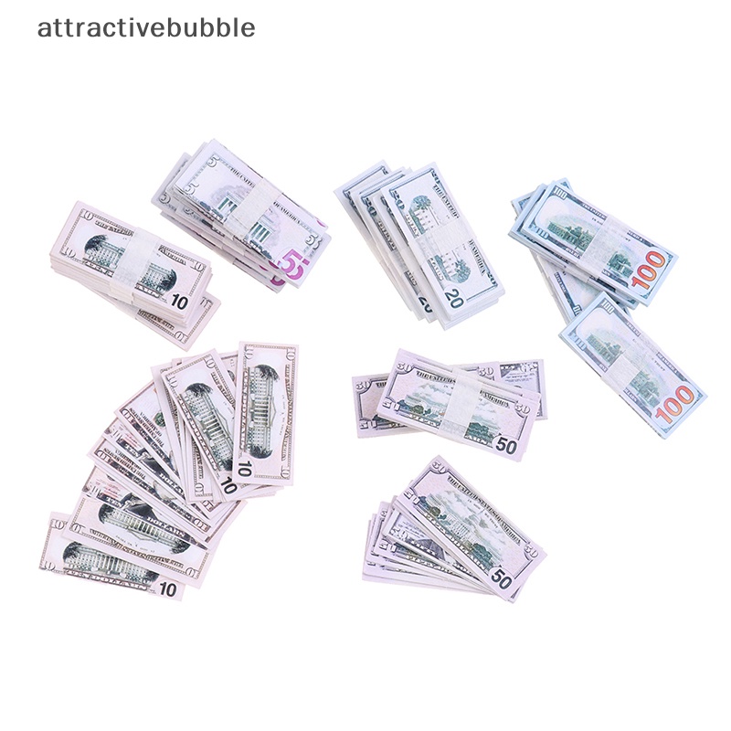 Set 100 Mô Hình Tờ Tiền Đô La 5 / 10 / 20 / 50 / 100 Trang Trí Nhà Búp Bê 1: 12