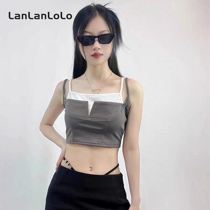 Áo hai dây dệt kim LanLanLoLo dáng ôm ngắn màu sắc tương phản thời trang 2023 cho nữ