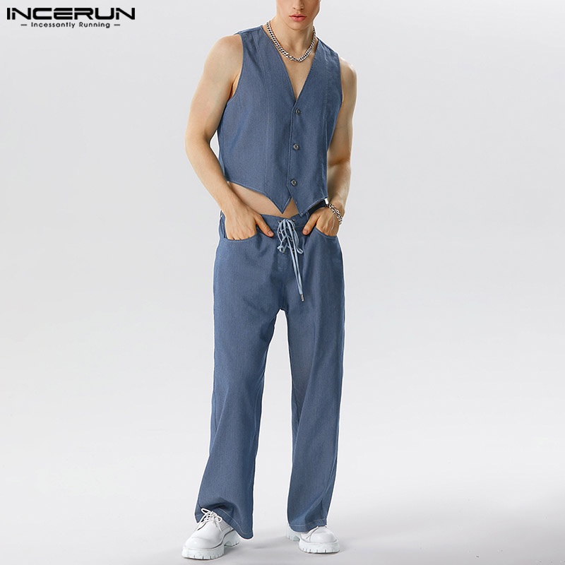 INCERUN Set Áo Thun Sát Nách Cổ Chữ V Và Quần Denim Lưng Thun Phong Cách Vintage Cho Nam