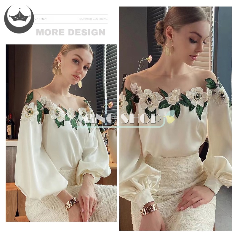 Áo Sơ Mi Tay Dài Dáng Rộng Thêu Hoa Thời Trang