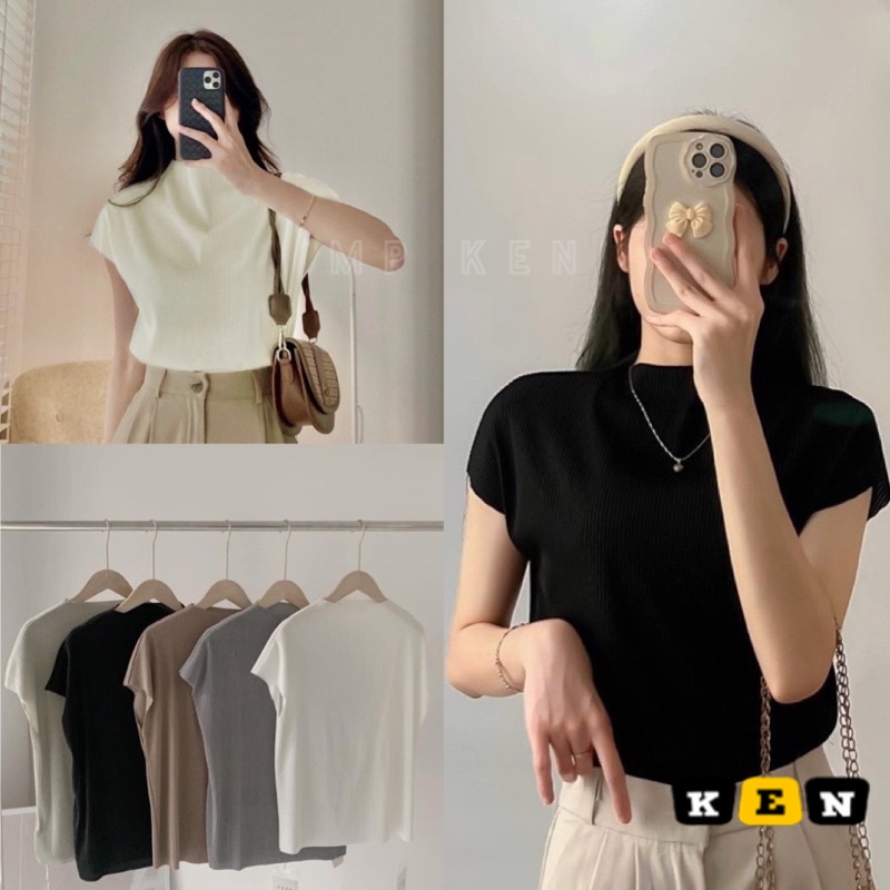 Áo thun tăm lạnh cổ trụ tay hến, áo nữ kiểu basic trơn màu ngắn tay đi chơi đi học dễ phối đồ be nâu trắng đen xám xanh
