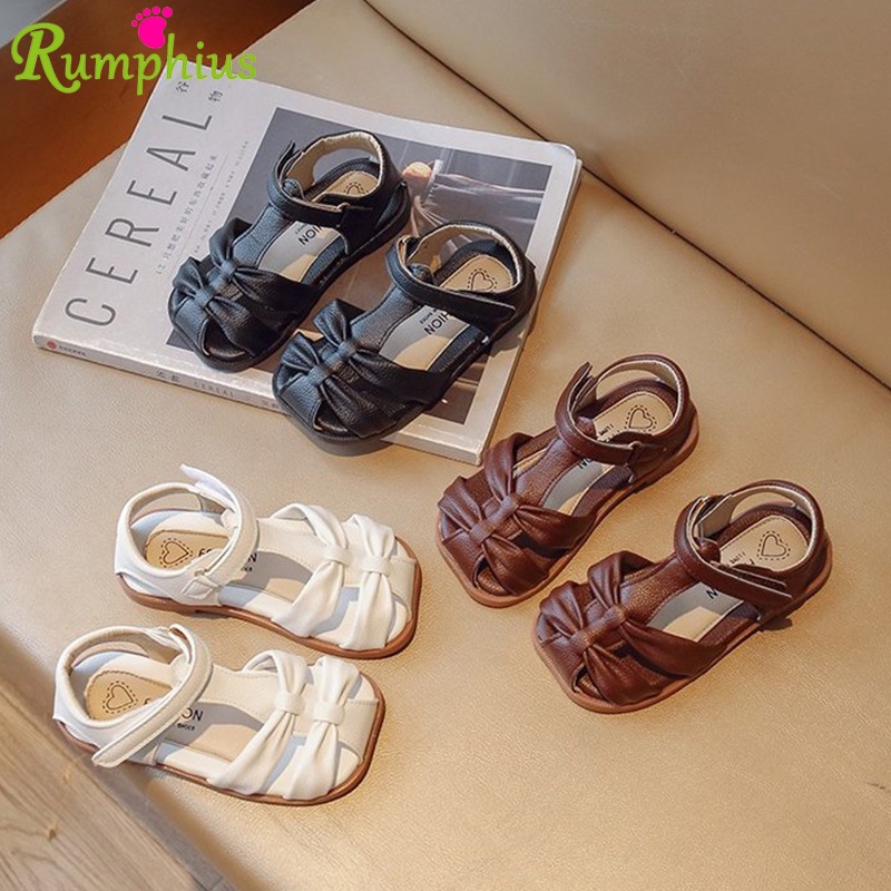 Rumphius Xăng đan Cột Nơ Đế Mềm Chống Trượt Màu Trơn Phong Cách Vintage Có Kích Thước 21-30 Cho Bé Gái