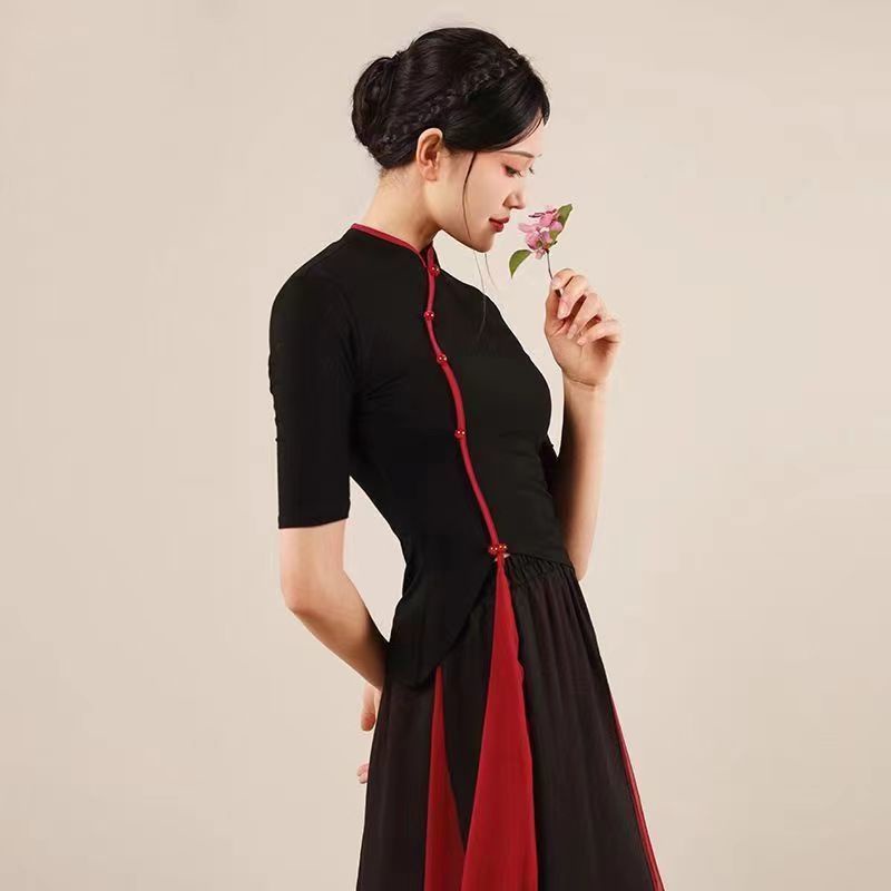Áo Sườn Xám Ngắn Tay Màu Đen Phong Cách Trung Hoa Cổ Điển Cho Nữ Tập Múa